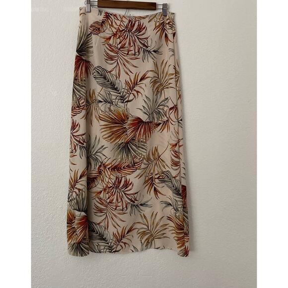 Primark Size 8 Brown Tan Palm Leaves Print Side Slit Button Midi Skirt Vintage - Picture 4 of 9